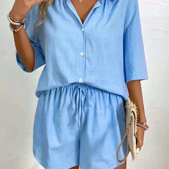 Blue Casual Women's Leisure Solid Color Drop-Shoulder Shirt And And Shorts Set - Picture 4 of 7